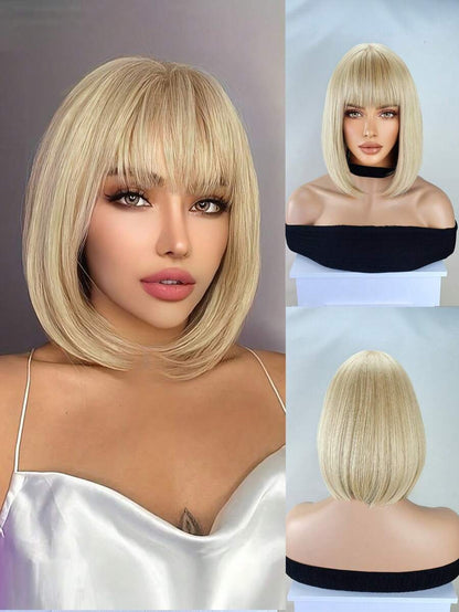 Blonde Bob Wig For Women, Short Blonde Wigs With Bangs, Straight Platinum Blonde Wig For Daily Party Use Heat Resistant 12 Inch
