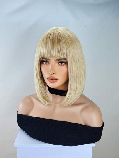 Blonde Bob Wig For Women, Short Blonde Wigs With Bangs, Straight Platinum Blonde Wig For Daily Party Use Heat Resistant 12 Inch