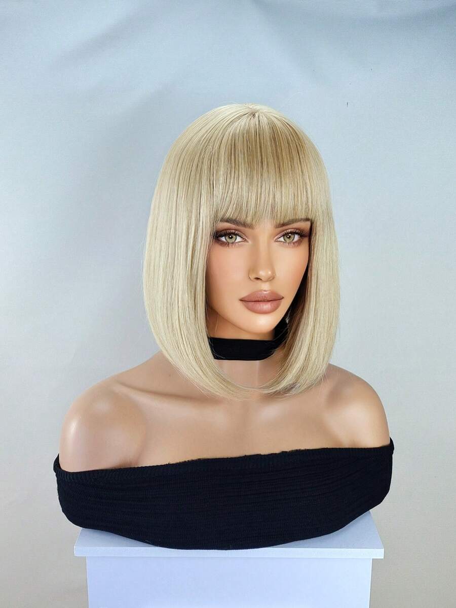 Blonde Bob Wig For Women, Short Blonde Wigs With Bangs, Straight Platinum Blonde Wig For Daily Party Use Heat Resistant 12 Inch