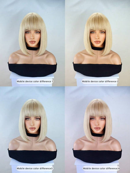Blonde Bob Wig For Women, Short Blonde Wigs With Bangs, Straight Platinum Blonde Wig For Daily Party Use Heat Resistant 12 Inch