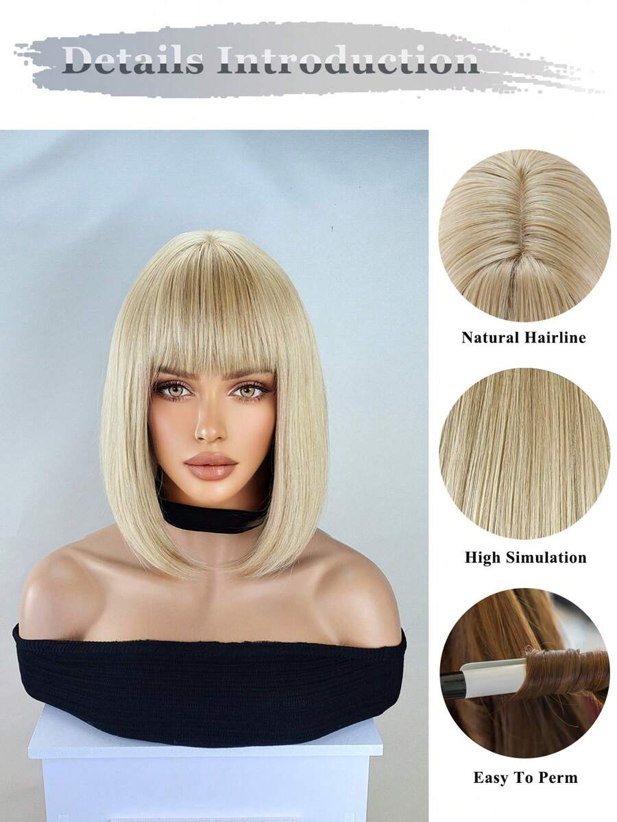 Blonde Bob Wig For Women, Short Blonde Wigs With Bangs, Straight Platinum Blonde Wig For Daily Party Use Heat Resistant 12 Inch