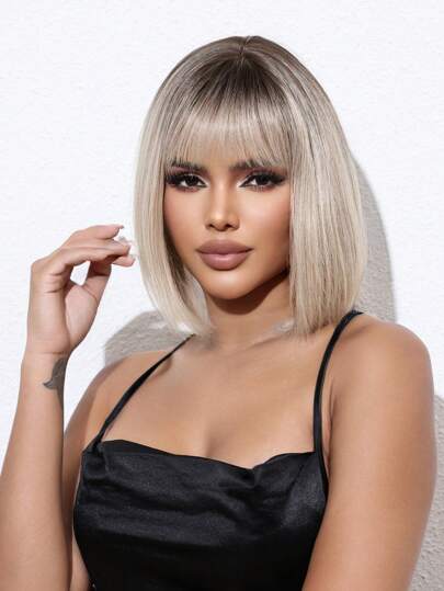 Blonde Bob Wig For Women, Short Blonde Wigs With Bangs, Straight Platinum Blonde Wig For Daily Party Use Heat Resistant 12 Inch