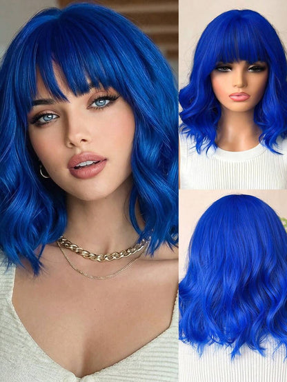 16 Inch Ladies Gradient Blue Bangs Short Curly Hair Synthetic Wig Ladies Wig For Daily Or Cosplay Use