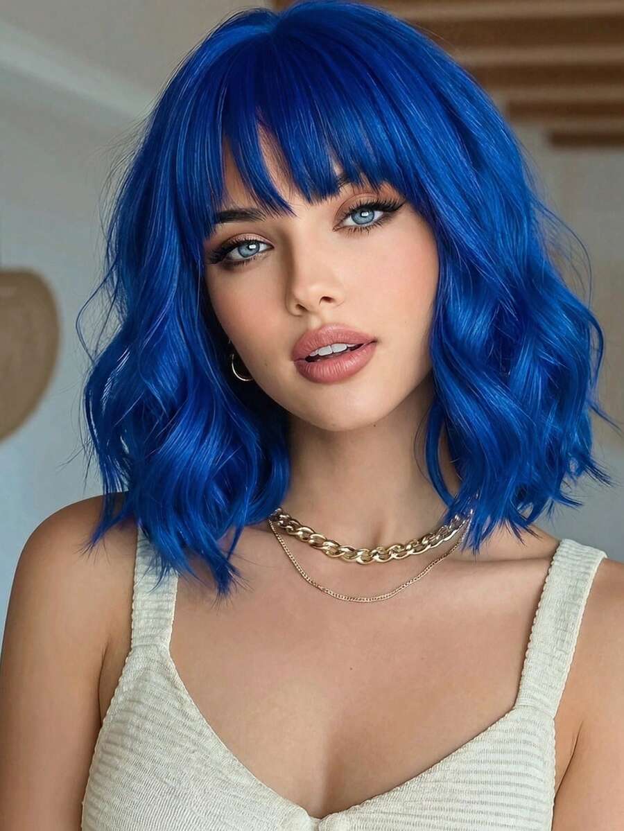 16 Inch Ladies Gradient Blue Bangs Short Curly Hair Synthetic Wig Ladies Wig For Daily Or Cosplay Use