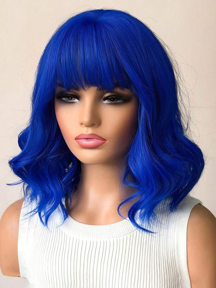 16 Inch Ladies Gradient Blue Bangs Short Curly Hair Synthetic Wig Ladies Wig For Daily Or Cosplay Use