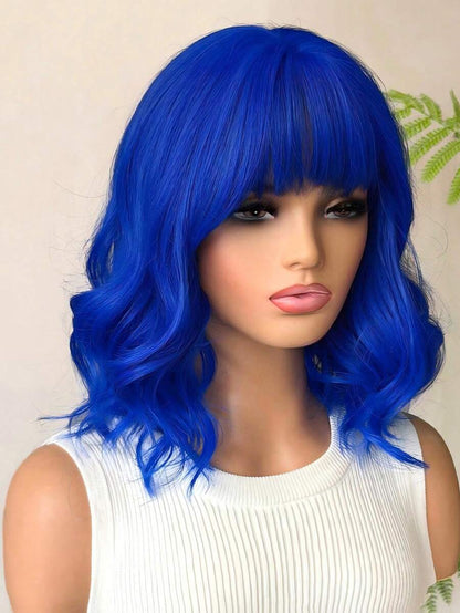 16 Inch Ladies Gradient Blue Bangs Short Curly Hair Synthetic Wig Ladies Wig For Daily Or Cosplay Use