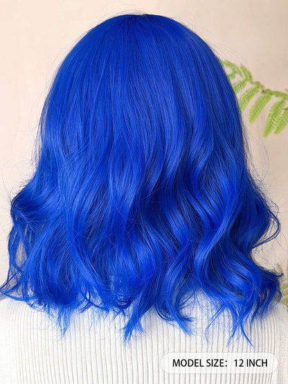 16 Inch Ladies Gradient Blue Bangs Short Curly Hair Synthetic Wig Ladies Wig For Daily Or Cosplay Use