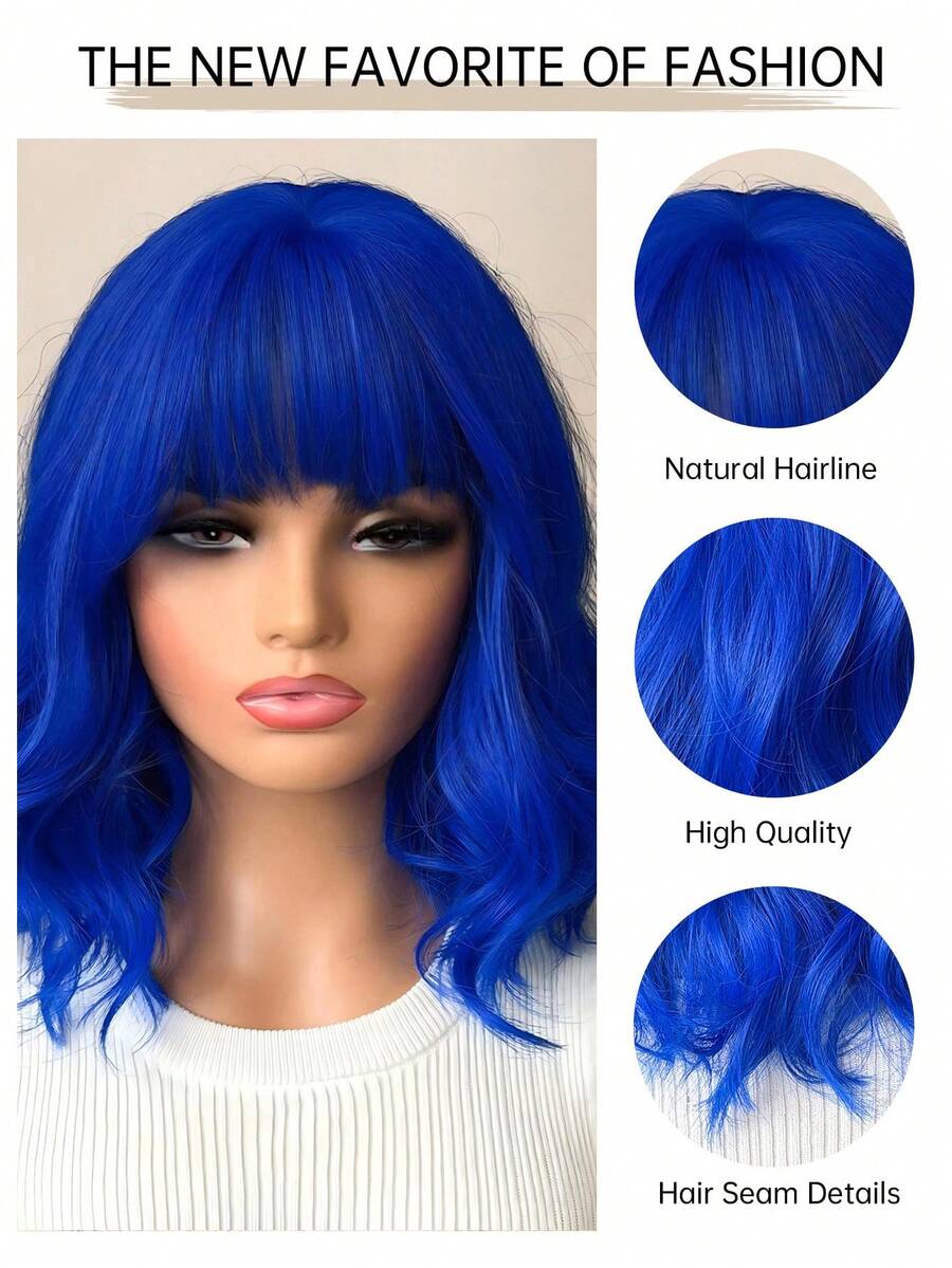 16 Inch Ladies Gradient Blue Bangs Short Curly Hair Synthetic Wig Ladies Wig For Daily Or Cosplay Use