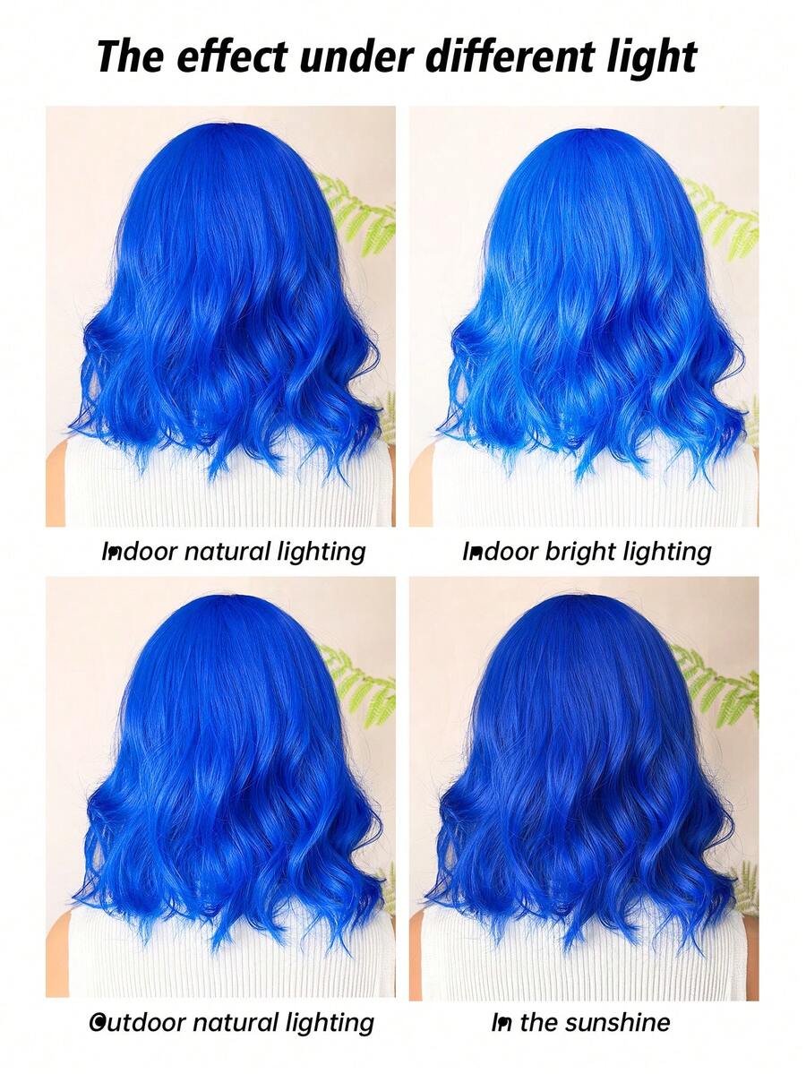 16 Inch Ladies Gradient Blue Bangs Short Curly Hair Synthetic Wig Ladies Wig For Daily Or Cosplay Use