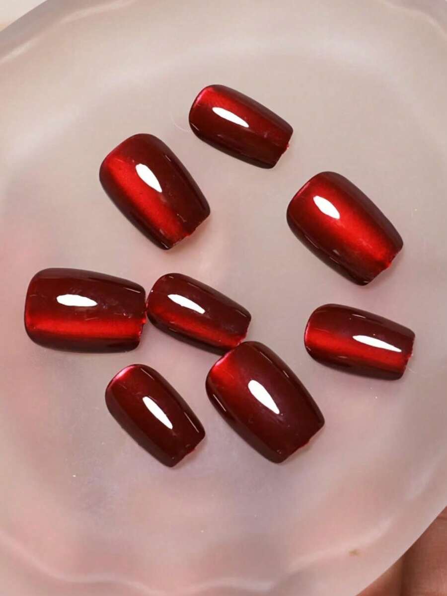 24pcs Square Shaped Press-On Nails - Sweet Red Cat Eye Solid Color Design Medium Length Artificial Nails, Suitable For Women's Daily Wear, Parties And Special Occasions, A Perfect Gift For Her, Manicure Technique Gift, Exquisite Nail Art Supplies