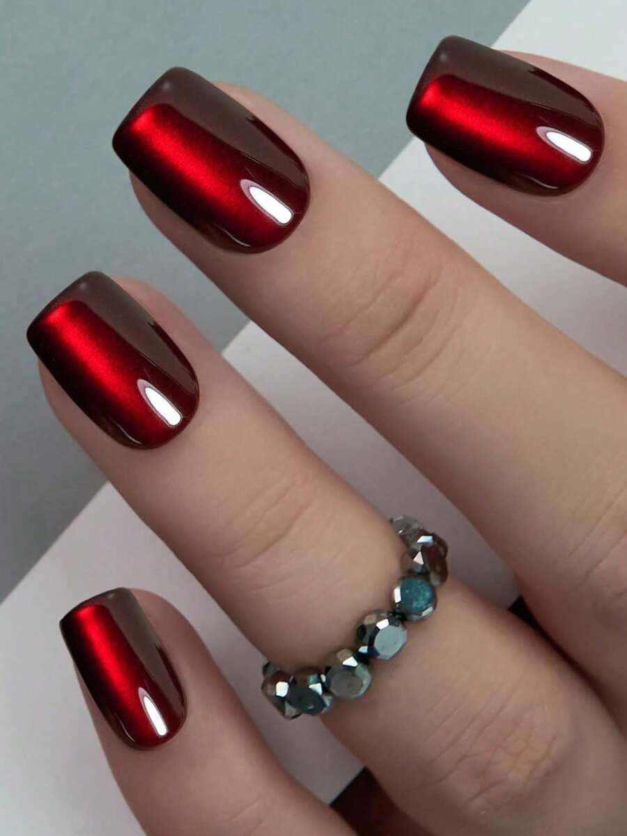 24pcs Square Shaped Press-On Nails - Sweet Red Cat Eye Solid Color Design Medium Length Artificial Nails, Suitable For Women's Daily Wear, Parties And Special Occasions, A Perfect Gift For Her, Manicure Technique Gift, Exquisite Nail Art Supplies