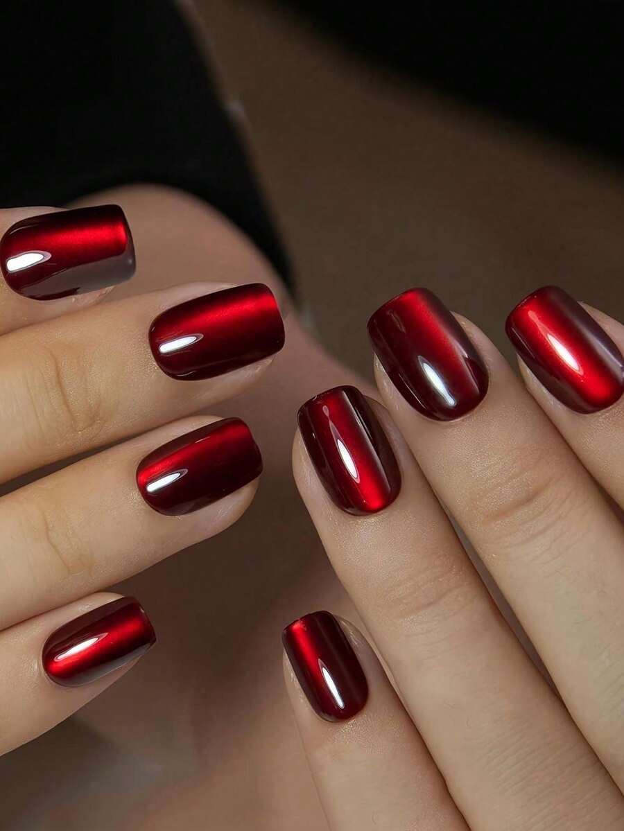 24pcs Square Shaped Press-On Nails - Sweet Red Cat Eye Solid Color Design Medium Length Artificial Nails, Suitable For Women's Daily Wear, Parties And Special Occasions, A Perfect Gift For Her, Manicure Technique Gift, Exquisite Nail Art Supplies