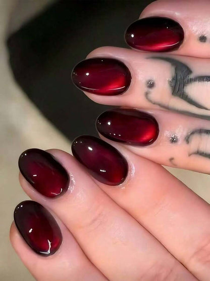 10pcs Medium Almond Shape Press-On Fake Nails, Punk Gothic Dark Style - Black And Red Crystal Cat Eye Press-On Nails, Vintage Cherry Red And Deep Burgundy Glitter Cat Eye, Includes 1 Adhesive Patch And 1 Mini Gel Strip., Aesthetic