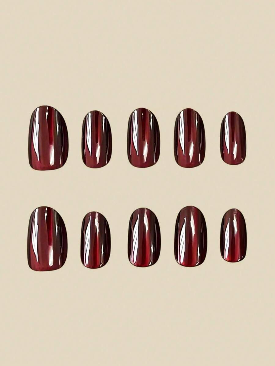 10pcs Medium Almond Shape Press-On Fake Nails, Punk Gothic Dark Style - Black And Red Crystal Cat Eye Press-On Nails, Vintage Cherry Red And Deep Burgundy Glitter Cat Eye, Includes 1 Adhesive Patch And 1 Mini Gel Strip., Aesthetic
