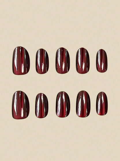 10pcs Medium Almond Shape Press-On Fake Nails, Punk Gothic Dark Style - Black And Red Crystal Cat Eye Press-On Nails, Vintage Cherry Red And Deep Burgundy Glitter Cat Eye, Includes 1 Adhesive Patch And 1 Mini Gel Strip., Aesthetic