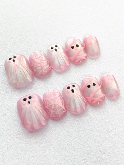 10PCS Sweet & Cool Y2K Cute 3D Pink Ghost Halloween Press-On Nails, Short Square Mesh Spider Web Design, Shiny Reusable Handmade Fake Nails, Suitable For Girls' Halloween Manicure, Short Round False Nails