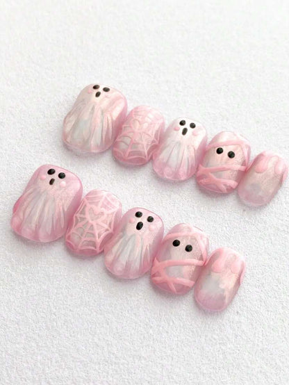 10PCS Sweet & Cool Y2K Cute 3D Pink Ghost Halloween Press-On Nails, Short Square Mesh Spider Web Design, Shiny Reusable Handmade Fake Nails, Suitable For Girls' Halloween Manicure, Short Round False Nails