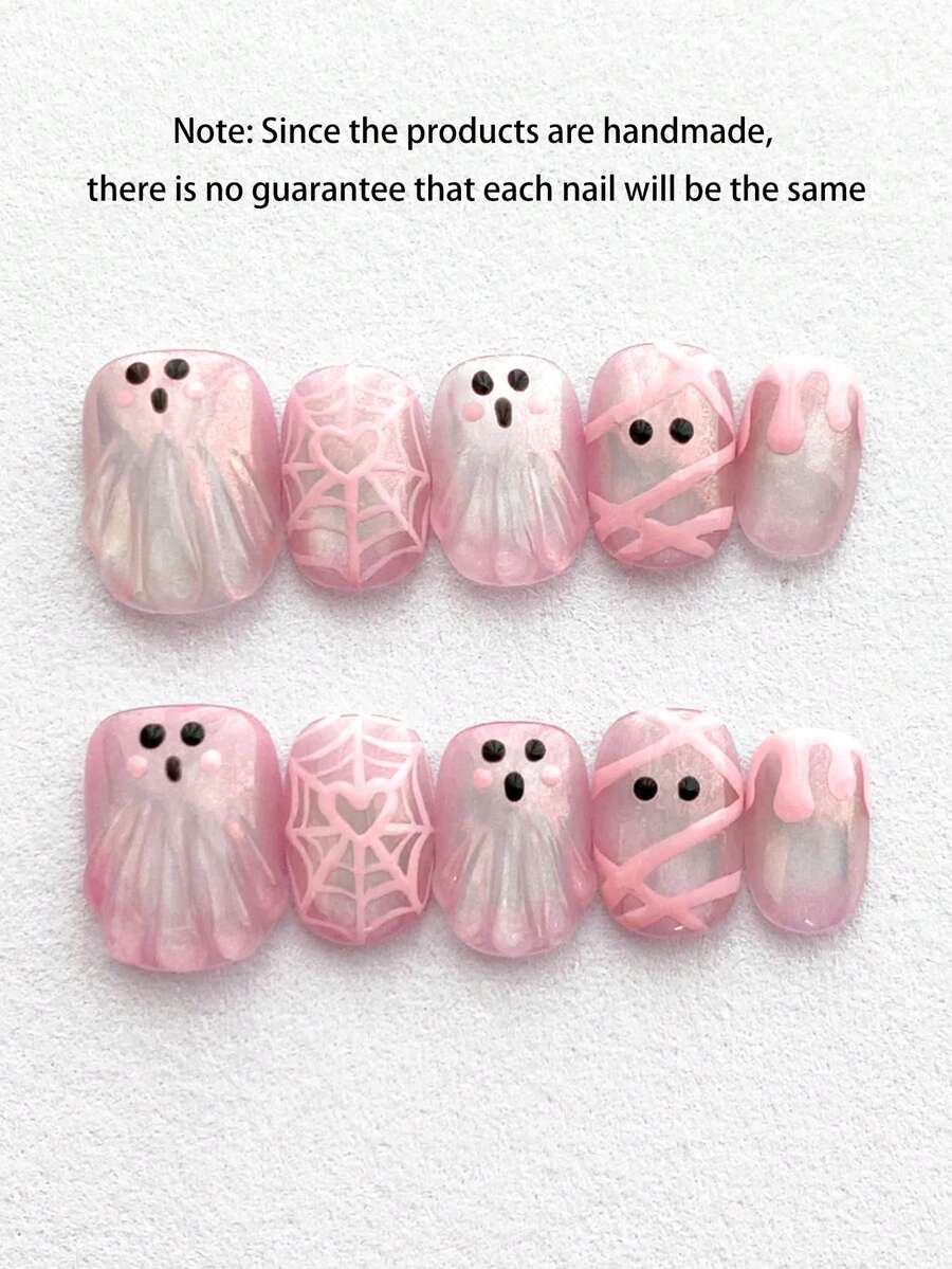 10PCS Sweet & Cool Y2K Cute 3D Pink Ghost Halloween Press-On Nails, Short Square Mesh Spider Web Design, Shiny Reusable Handmade Fake Nails, Suitable For Girls' Halloween Manicure, Short Round False Nails